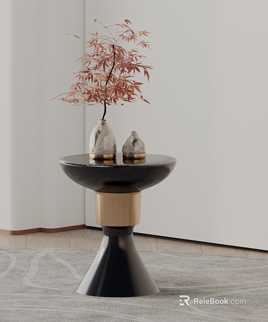 Modern Black and Gold Side Table with Round Top and Vase Red Leaves Decorative Items 3d model 