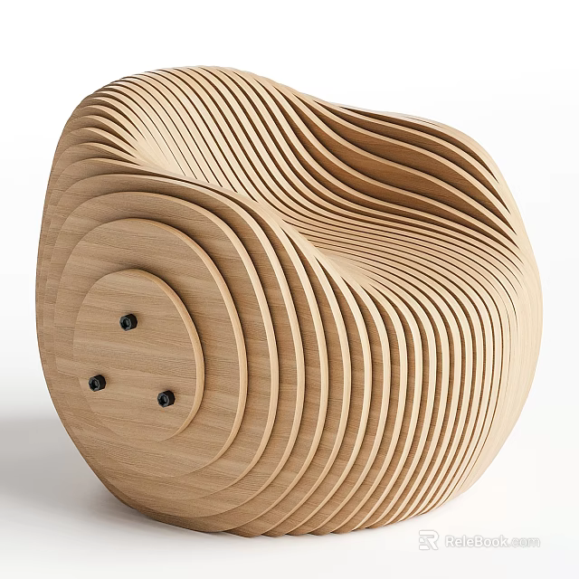Unique Wooden Chair With Layered Slice Design And Black Accents 3d model 