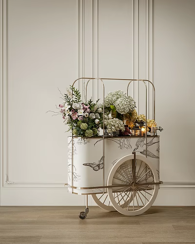 Decorative Ornament Set With Cart Bouquets Candles And Butterfly Patterns On Light Wall 3d model