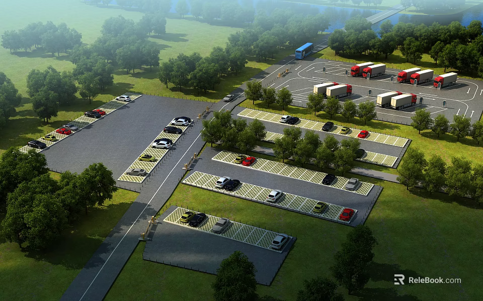 Eco Friendly Spacious Parking Lot With Parked Cars Trees Grass And Trucks 3d model 