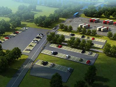 Eco Friendly Spacious Parking Lot With Parked Cars Trees Grass And Trucks 3d model