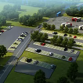 Eco Friendly Spacious Parking Lot With Parked Cars Trees Grass And Trucks