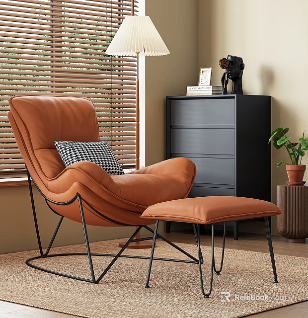 Modern Orange Lounge Chair with Ottoman Checkered Pillow Near Window Blinds Black Dresser and Potted Plant 3d model 