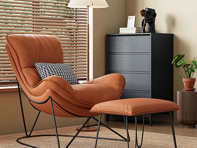 Modern Orange Lounge Chair with Ottoman Checkered Pillow Near Window Blinds Black Dresser and Potted Plant 3d model