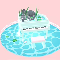 Cartoon Scene Featuring White Piano In Water With Lily Pads Stones Grass And Bench
