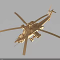 Golden Helicopter Model with Detailed Rotors and Metallic Body on Dark Background