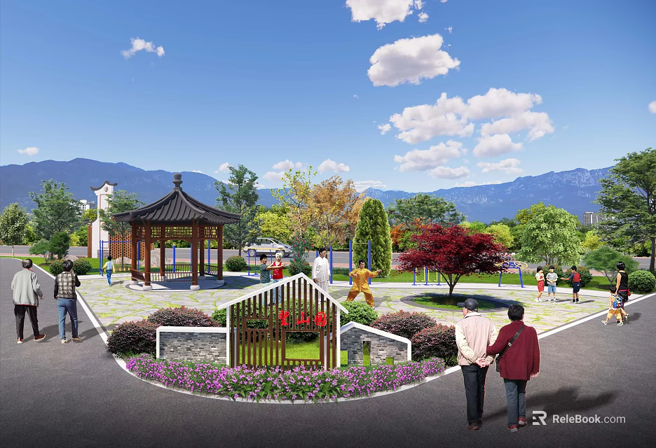 Park Landscape With Pagoda Flower Bed People Walking Under Blue Sky And Distant Mountains 3d model 