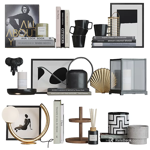 Elegant Modern Decorative Ornament Collection With Books Mugs Candle Holders Fan And Geometric Vase 3d model 