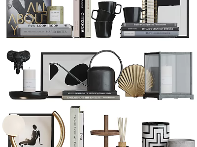 Elegant Modern Decorative Ornament Collection With Books Mugs Candle Holders Fan And Geometric Vase 3d model
