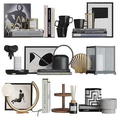 Elegant Modern Decorative Ornament Collection With Books Mugs Candle Holders Fan And Geometric Vase 3d model