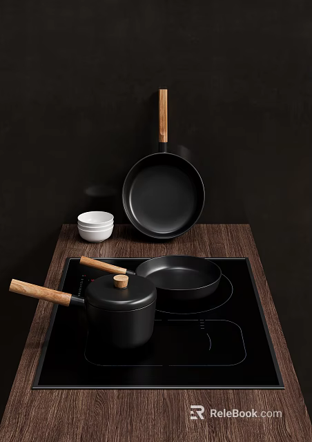 Cookware With Wooden Handles And Bowls On Induction Cooktop 3d model 