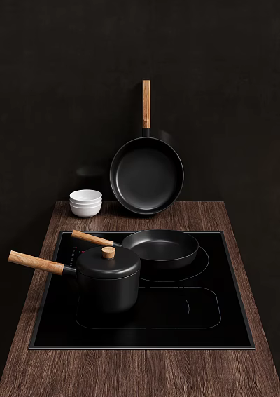 Cookware With Wooden Handles And Bowls On Induction Cooktop 3d model Cookware With Wooden Handles And Bowls On Induction Cooktop 3d model