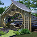 Sanxian Book Club Wooden Structure With Circular Window Design Indoor Bookshelves And Surrounding Green Plants