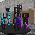Colorful Glowing 3D Letters Commercial Equipment Display with Black Platform Gray Wall and Golden Doors