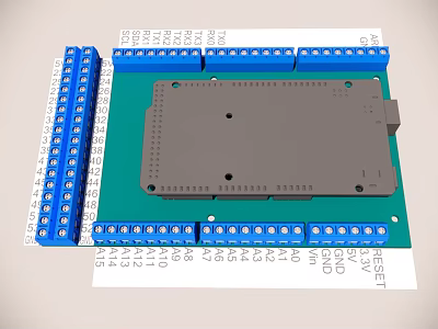 Industrial Circuit Board With Blue Terminal Blocks And Numbered Labels 3d model