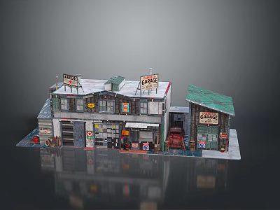 Miniature Shop And Gas Station Model Scene With Green Roof Red Car And Retail Facades 3d model