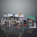 Miniature Shop And Gas Station Model Scene With Green Roof Red Car And Retail Facades