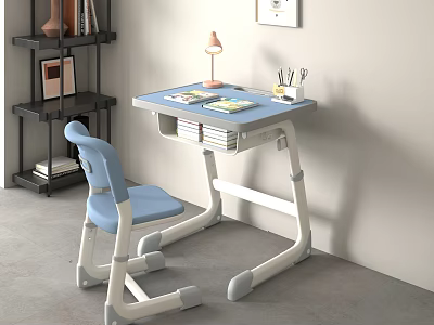 Adjustable Kids Study Desk With Blue Chair Table Lamp Stationery And Bookshelf 3d model