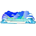 Detailed Colorful Dam Model Design With Blue Waves Green Mountains And White Clouds