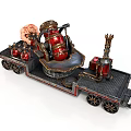 Intricate Mechanical Weapon Platform With Red Metal Components And Wheeled Structure Design 3d model