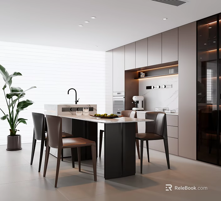 Modern Restaurant Kitchen Open Design With Island Counter Dining Chairs Cabinets And Potted Plants 3d model 