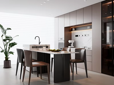 Modern Restaurant Kitchen Open Design With Island Counter Dining Chairs Cabinets And Potted Plants 3d model