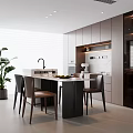Modern Restaurant Kitchen Open Design With Island Counter Dining Chairs Cabinets And Potted Plants