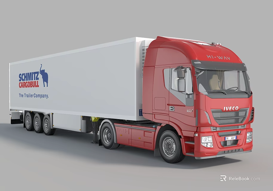 Red IVECO Commercial Cargo Truck With Schmitz Cargobull White Trailer 3d model 