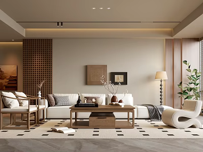 Modern Living Room Interior Design With Sofa Coffee Table Floor Lamp And Decorative Plants 3d model
