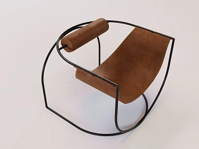 Modern Single Chair With Brown Leather Seat Black Metal Curved Frame And Armrest 3d model