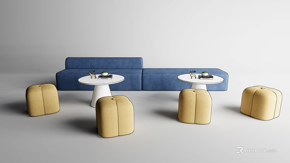 Blue Sofa Coffee Table Set With White Round Tables And Yellow Stools 3d model
