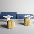 Blue Sofa Coffee Table Set With White Round Tables And Yellow Stools 3d model