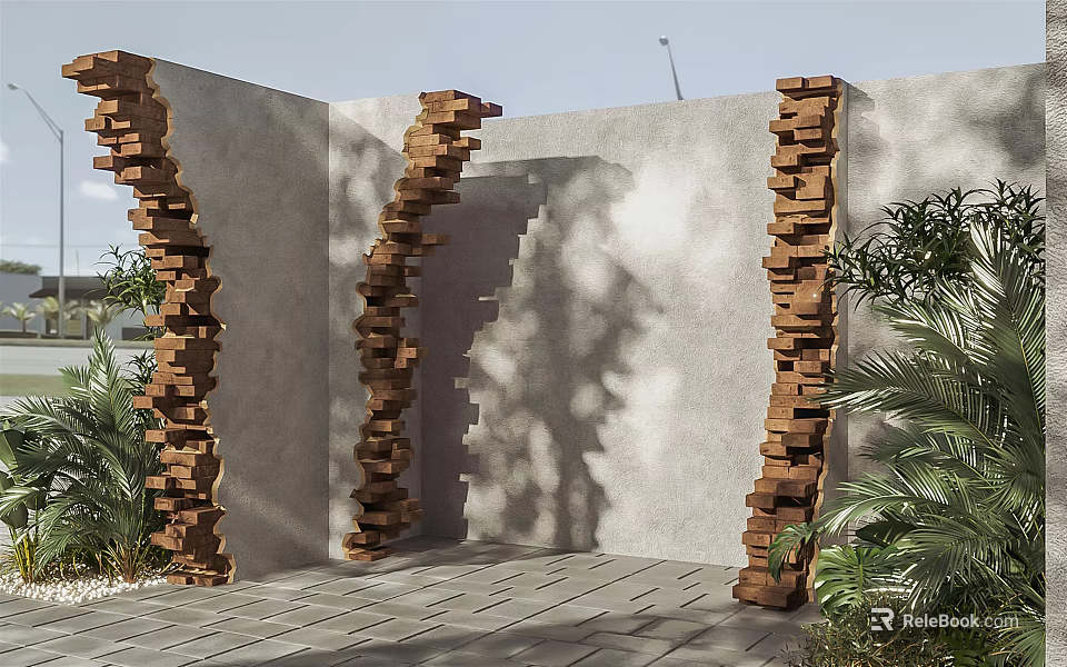 Building Exterior Wall with Concrete Surface Wooden Stacked Decorative Columns Palm Plants Stone Paved Ground 3d model 