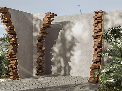 Building Exterior Wall with Concrete Surface Wooden Stacked Decorative Columns Palm Plants Stone Paved Ground 3d model