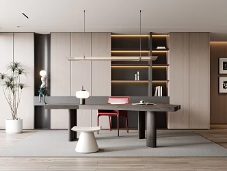 Modern Study Desk and Chair Combination Bookcase Potted Hanging Painting Chandelier Stool Special-shaped Desk 3d model