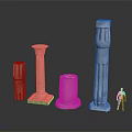 Ancient Style Stone Columns With Various Designs And Scale Human Figure 3d model