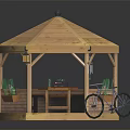 Hexagonal Wooden Gazebo With Table Bench Bicycle And Flower Pots