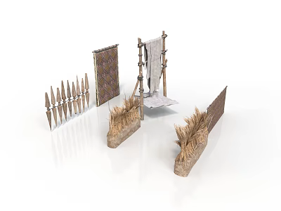Rustic Scene Components Featuring Reed Fences Straw Screens And Wooden Racks 3d model