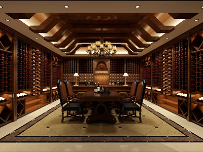 Luxurious Wine Cellar Interior With Wooden Racks Central Table And Chandelier 3d model