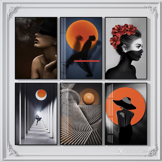 Modern Abstract Art Prints With Geometric Shapes Figure Silhouettes And Black White Orange Color 3d model 