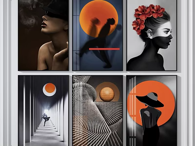 Modern Abstract Art Prints With Geometric Shapes Figure Silhouettes And Black White Orange Color 3d model