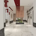 Red And White Restaurant Interior Design With Tables Chairs And Decorative Walls