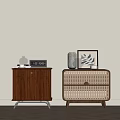 Wooden And Rattan Nightstands With Alarm Clock Picture Frame Glass Vase And Leaf Decor