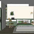 Modern Kids Room Interior With Green Bed Desk Cabinet And Cartoon Painting