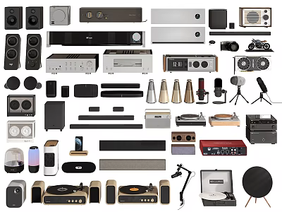 Headphones and Speakers Various Types of Audio Equipment Including Microphones and Players 3d model