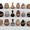 Assorted Ceramic Vessels With Colorful Patterns And Different Shapes On White Shelves 3d model