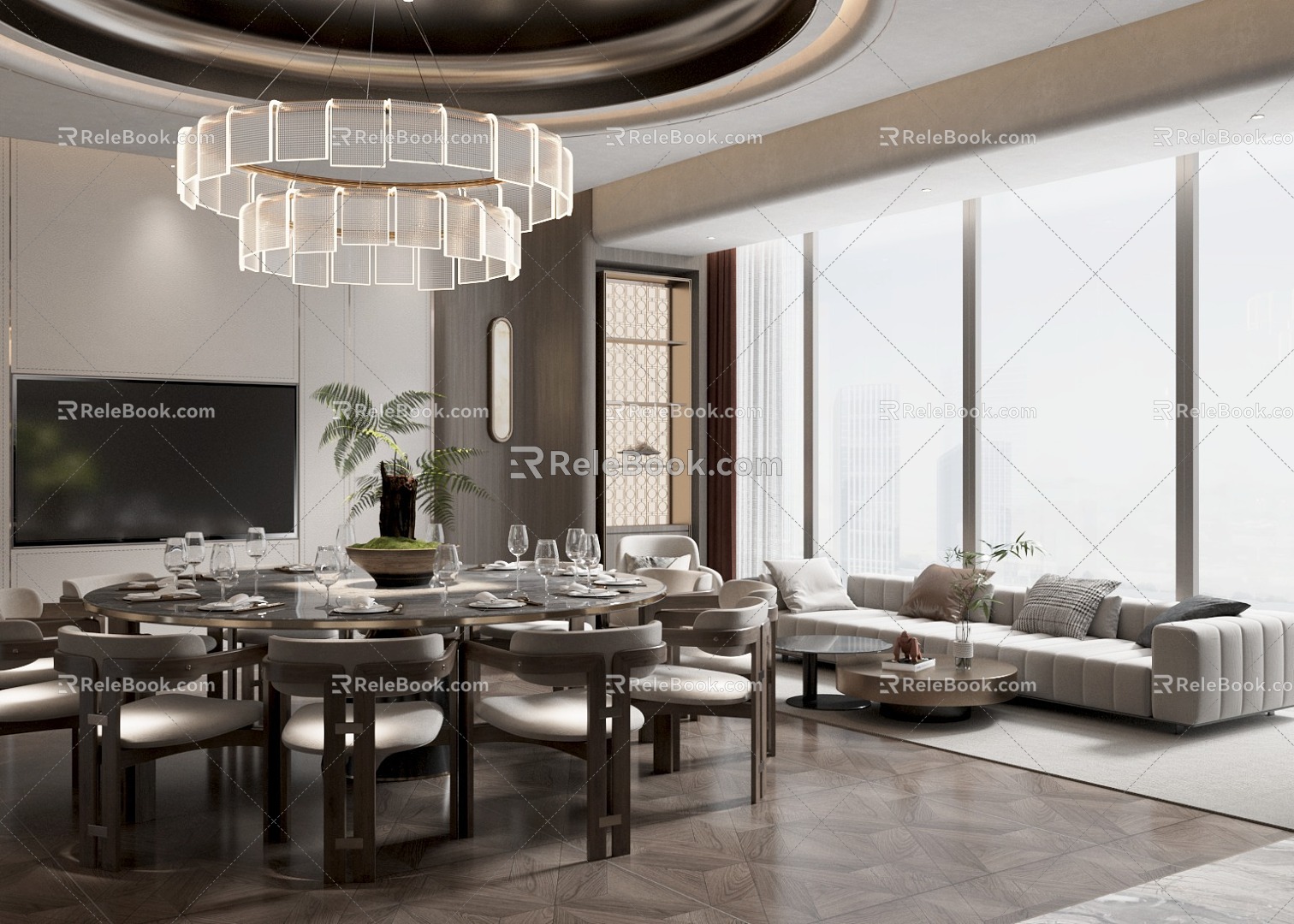 Modern Restaurant Box Dining Table and Chair Combination Chandelier Tableware 3d model