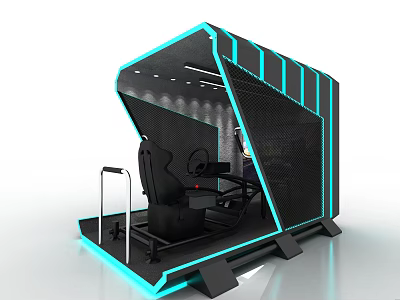 Console Game Store Featuring Modern Gaming Pod With Black Seat Steering Wheel And Blue Lighting 3d model