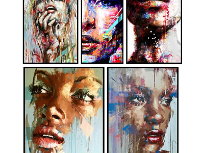 Abstract Female Portrait Paintings With Vibrant Colors And Expressive Facial Features 3d model