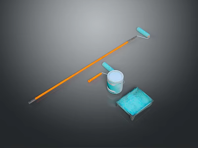 Essential Painting Tools Set With Orange Handle Roller Light Blue Bucket And Sponge 3d model